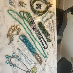 Lot of 19 pieces Green & Blue Tone Costume Necklaces & earrings